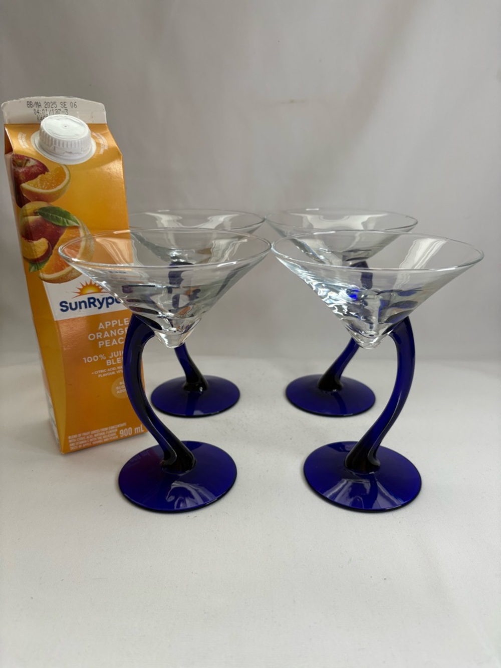 4-Libbey, Bravura, cobalt, blue, and clear martini glasses